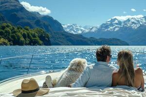 A couple relaxing on a yacht, soaking up the sun and enjoying the view of the lake photo