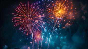 A closeup of fireworks bursting into vibrant colors against a dark sky photo