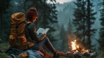 A camper sitting by the fire, reading a book with a backdrop of tall, towering trees photo