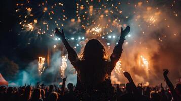 A silhouette of people cheering and clapping as fireworks light up the night photo
