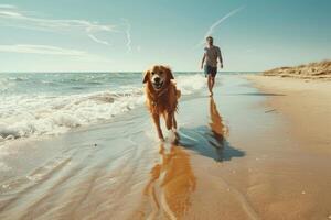 A dog running and playing fetch with its owner on the sandy shore photo