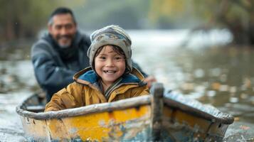 A child joyfully steering a small boat, with a parent guiding them photo