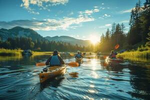 A group of friends in kayaks, exploring the shoreline of a picturesque lake photo