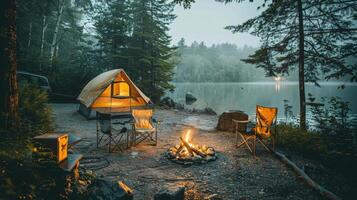 A cozy campsite with a pitched tent, camping chairs, and a small campfire photo