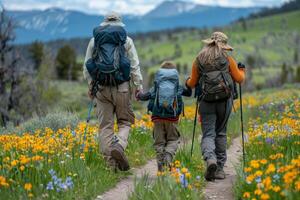 A family hiking on a wellmarked trail with backpacks and walking sticks photo