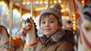 Children eagerly lining up for a carousel ride, with brightly painted horses photo