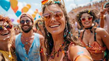 A group of friends wearing festival outfits, taking a selfie with the stage in the background photo