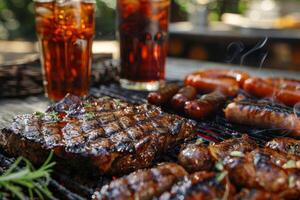 A backyard barbecue party with friends, featuring grilled steaks, sausages, and cold beverages photo