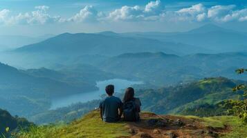 A couple taking a break at a picturesque roadside lookout point, admiring the view photo