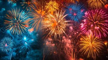 A closeup of fireworks bursting into vibrant colors against a dark sky photo
