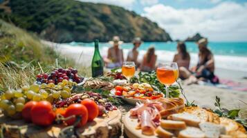 A group of people having a picnic on the beach with a spread of food and drinks photo