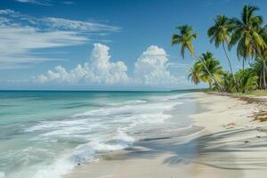 A scenic view of a deserted beach with palm trees and gentle waves photo