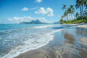 A scenic view of a deserted beach with palm trees and gentle waves photo