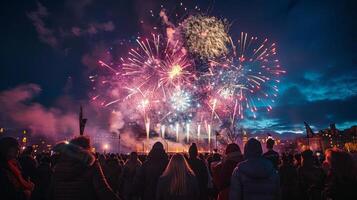 A crowd of people looking up in awe at colorful fireworks illuminating the night photo