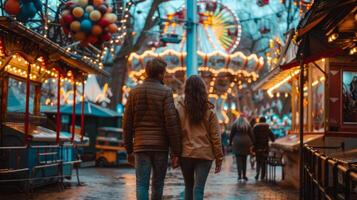 A couple walking hand in hand through a lively amusement park, with various rides and attractions around them photo