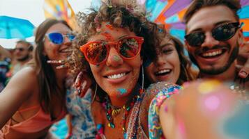 A group of friends wearing festival outfits, taking a selfie with the stage in the background photo