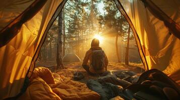 A camper waking up in a tent with morning sunlight streaming through the trees photo