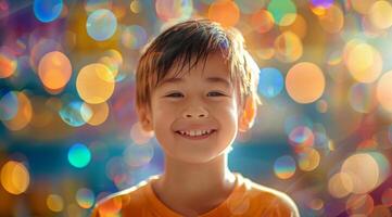 Young Boy Smiling Against Brightly Colored Background photo