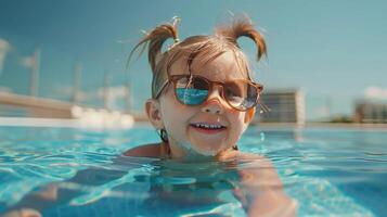 Little Girl Wearing Yellow Goggles in Swimming Pool photo
