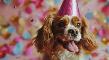 Happy Cavalier King Charles Spaniel Wearing Party Hat With Confetti photo