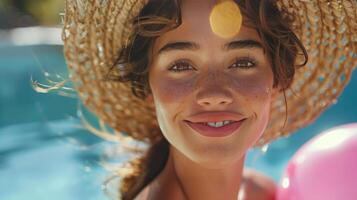 Woman in Straw Hat Holding Pink Balloon photo