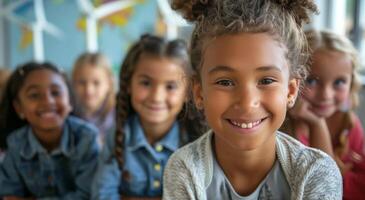 Smiling Young Girl in Yellow Shirt With Friends at School photo