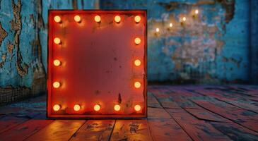 Red Light Frame on Wooden Floor photo