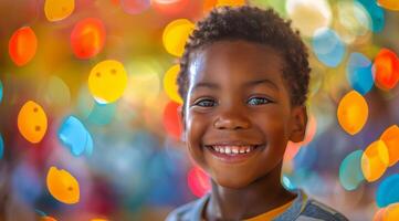 Young Boy Smiling Against Brightly Colored Background photo