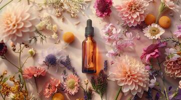Bottle of Essential Oil Surrounded by Flowers photo