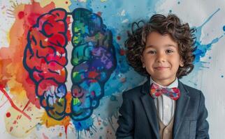 Young Boy in Suit and Bow Tie Standing in Front of Wall photo