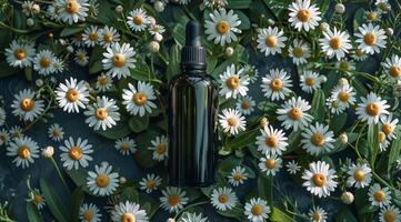 Bottle of Green Liquid Surrounded by Daisies photo