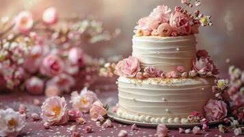 Elegant Wedding Cake Adorned With Flowers photo