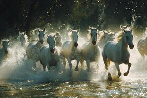 Herd of White Horses Running Across River photo
