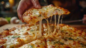 Close Up Of A Hand Lifting A Slice Of Pizza With Stretchy Cheese photo