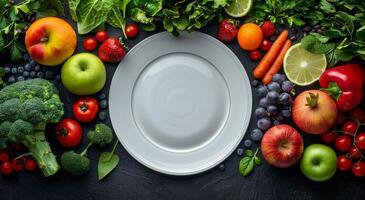 Fresh Fruits and Vegetables Surrounding a White Plate photo