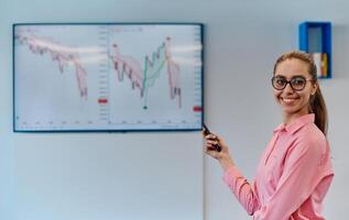 On Stage, Successful Female Speaker Presents Technological Product, Uses Remote Control for Presentation, Showing Infographics, Statistics Animation on Screen. Live Event Device Release photo