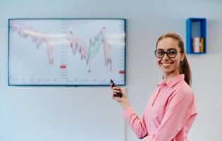 On Stage, Successful Female Speaker Presents Technological Product, Uses Remote Control for Presentation, Showing Infographics, Statistics Animation on Screen. Live Event Device Release photo
