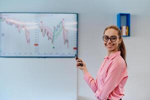 On Stage, Successful Female Speaker Presents Technological Product, Uses Remote Control for Presentation, Showing Infographics, Statistics Animation on Screen. Live Event Device Release photo