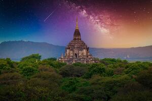 Landscape image of Ancient pagoda with milky way at night in Bagan, Myanmar. photo