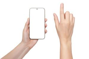 A womans hand holds a phone Mockup and the second hand with a finger presses a button or scrolls. Isolated on white background photo