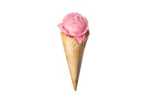 Strawberry pink ice cream waffle cone on white background isolated photo