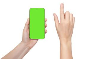A woman's hand holds a phone chromakey Mockup and the second hand with a finger presses a button or scrolls. Isolated on white background close up photo