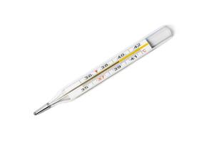 Mercury-in-glass thermometer with temperature mark 39,5 isolated on white background flat lay photo