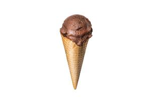 chocolate ice cream waffle cone with pieces of chocolate on white background isolated food photo