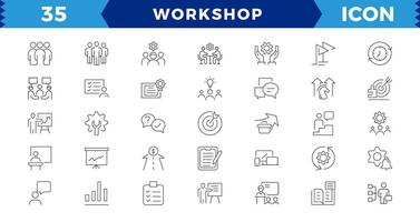 Workshop web icon set. Containing team building, collaboration, teamwork, coaching, goals, problem-solving and education,Workshop outline icons with Includes Presentation, Managing, vector
