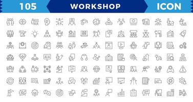 Workshop web icon set. Containing team building, collaboration, teamwork, coaching, goals, problem-solving and education,Workshop outline icons with Includes Presentation, Managing, vector
