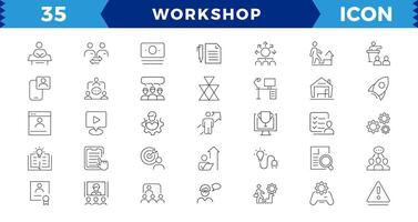 Workshop web icon set. Containing team building, collaboration, teamwork, coaching, goals, problem-solving and education,Workshop outline icons with Includes Presentation, Managing, vector