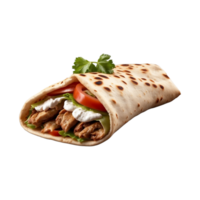 Delicious Greek gyros wrapped in pita bread. Shawarma grilled pita. With fresh meat and vegetables Isolated On a Transparent Background png