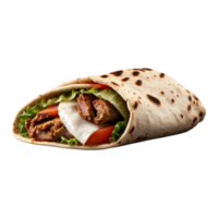 Delicious Greek gyros wrapped in pita bread. Shawarma grilled pita. With fresh meat and vegetables Isolated On a Transparent Background png
