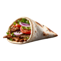 Delicious Greek gyros wrapped in pita bread. Shawarma grilled pita. With fresh meat and vegetables Isolated On a Transparent Background png